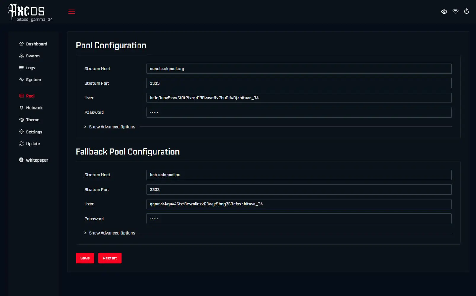 AxeOS pool configuration screen
