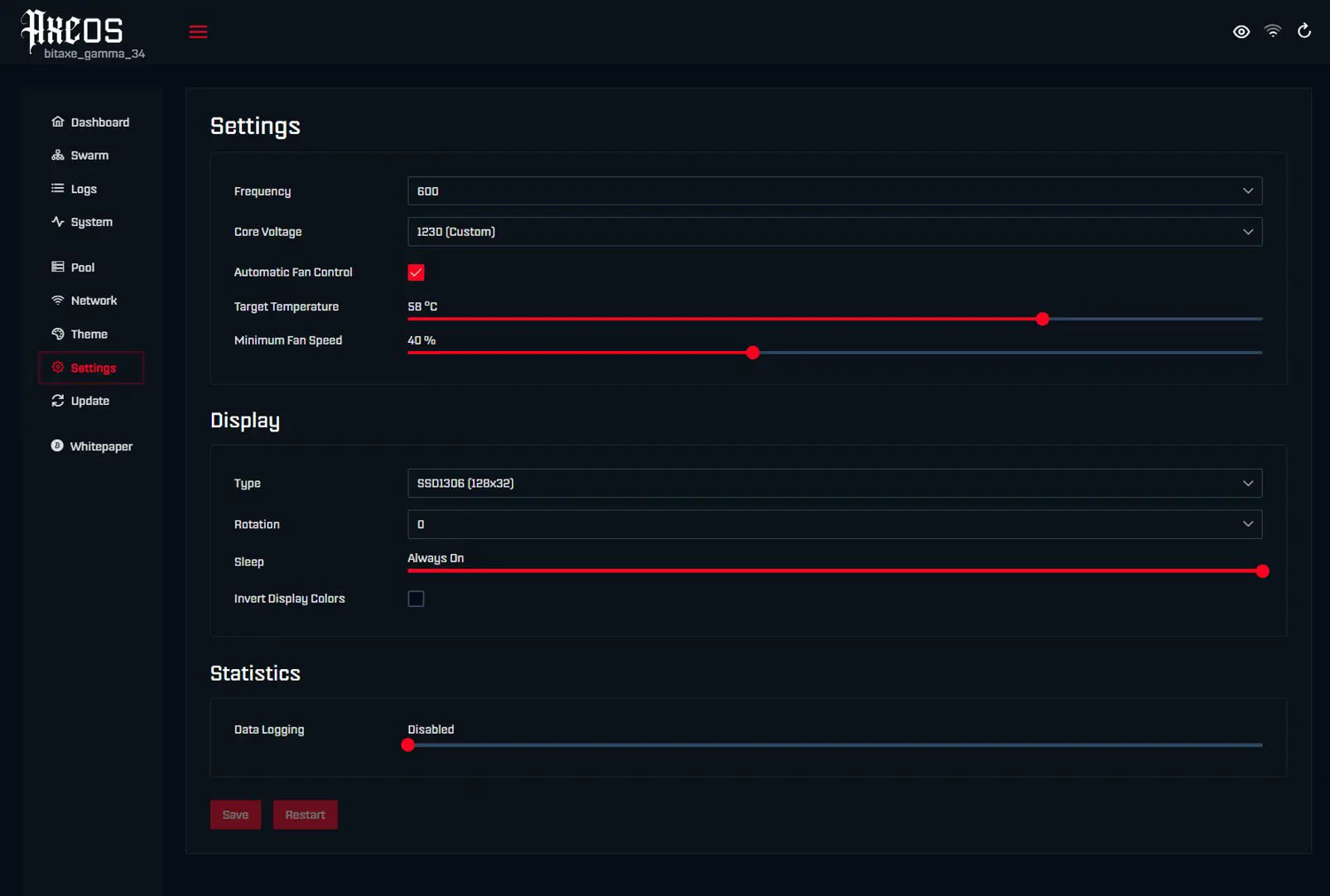 AxeOS settings screen