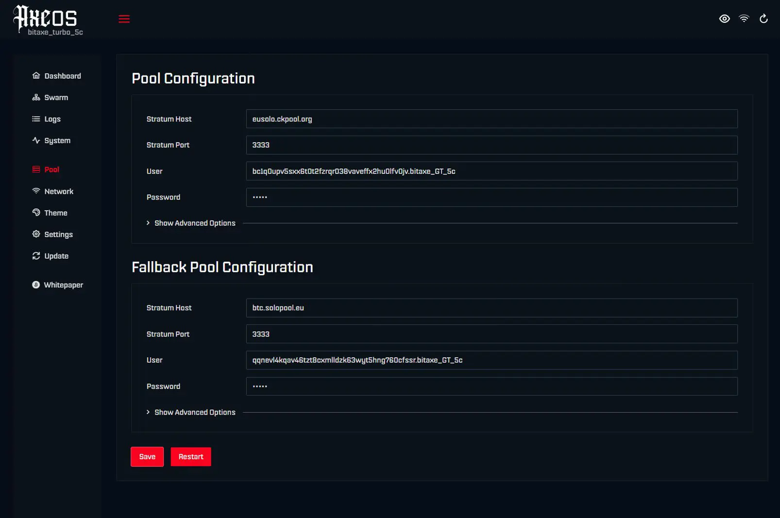 AxeOS pool configuration screen