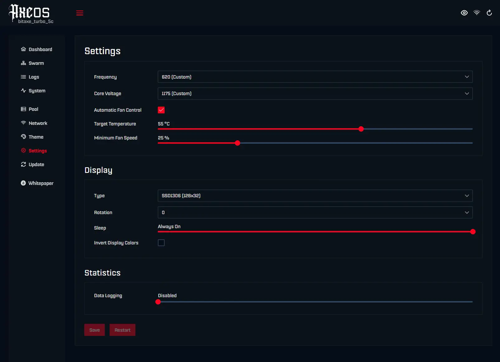AxeOS settings screen