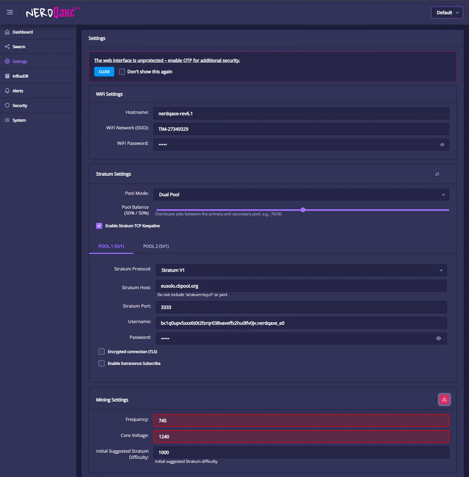 NerdOS mining settings screen